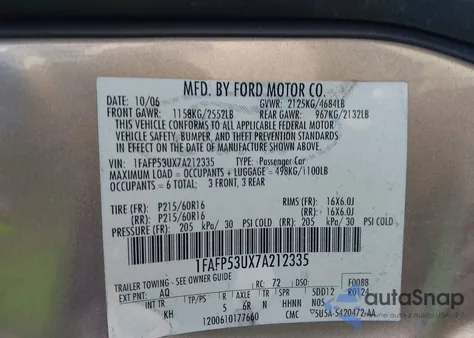 2007 Ford Taurus Se z USA, uszkodzony, nr VIN 1FAFP53UX7A212335